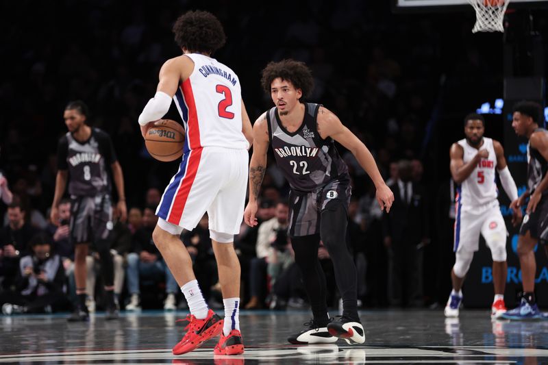 BROOKLYN, NY - JANUARY 8: Jalen Wilson #22 of the Brooklyn Nets plays defense during the game against the Detroit Pistons on January 8, 2025 at Barclays Center in Brooklyn, New York. NOTE TO USER: User expressly acknowledges and agrees that, by downloading and or using this Photograph, user is consenting to the terms and conditions of the Getty Images License Agreement. Mandatory Copyright Notice: Copyright 2025 NBAE (Photo by Brandon Todd/NBAE via Getty Images)