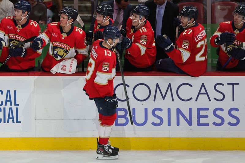 Feb 29, 2024; Sunrise, Florida, USA; Florida Panthers center Sam Reinhart (13) celebrates with teammates after scoring against the Montreal Canadiens during the third period at Amerant Bank Arena. Mandatory Credit: Sam Navarro-USA TODAY Sports