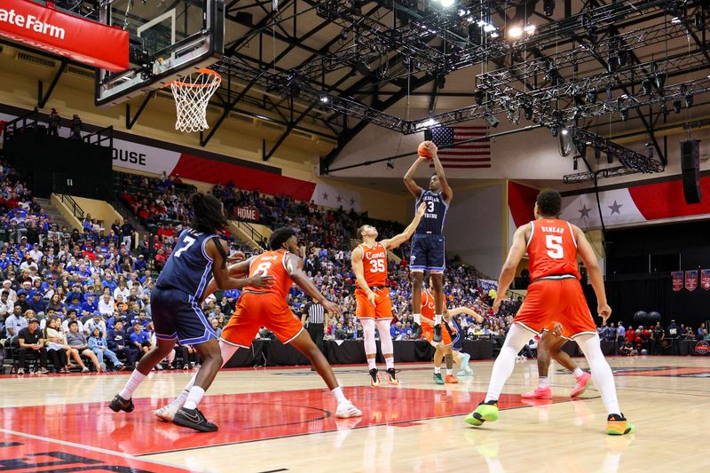 Nov 27, 2025; Kissimmee, Florida, USA; Brigham Young University Cougars forward AJ Dybantsa (3) shoots the ball over Miami (FL) Hurricanes guard Dante Allen (35) in the second half at State Farm Field House. Mandatory Credit: Nathan Ray Seebeck-Imagn Images