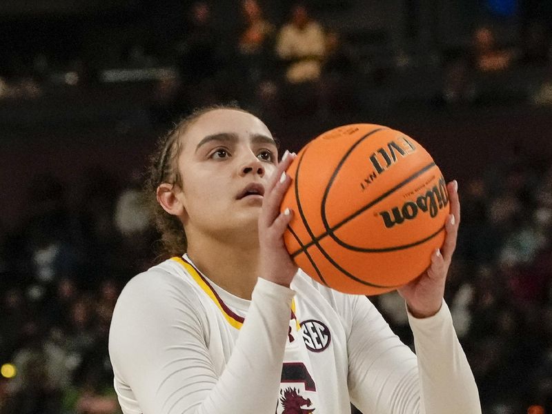 Mar 9, 2024; Greensville, SC, USA; South Carolina Gamecocks guard Tessa Johnson (5) shoots a free throw during the second half against the Tennessee Lady Vols at Bon Secours Wellness Arena. Mandatory Credit: Jim Dedmon-USA TODAY Sports