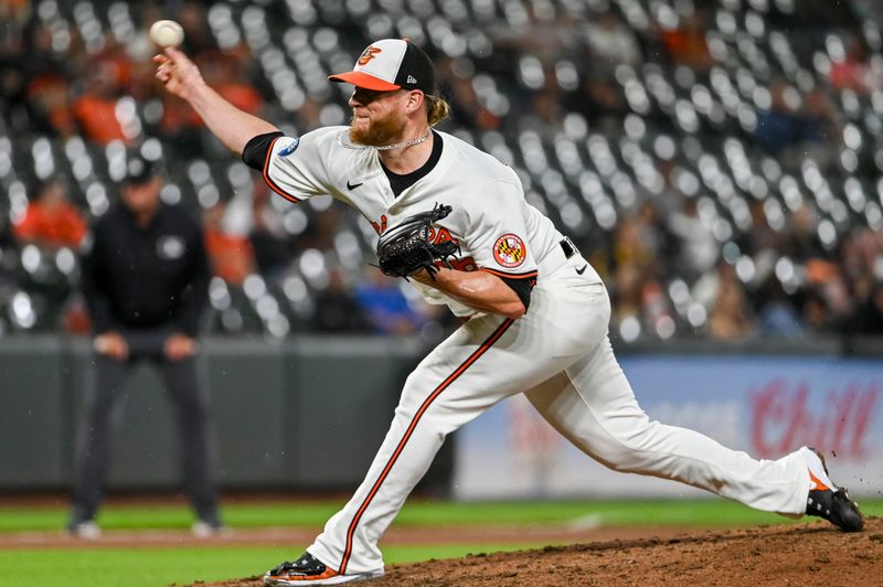 Sep 17, 2024; Baltimore, Maryland, USA;  Baltimore Orioles pitcher Craig Kimbrel (46) delivers ninth inning pitch against the San Francisco Giants at Oriole Park at Camden Yards. Mandatory Credit: Tommy Gilligan-Imagn Images