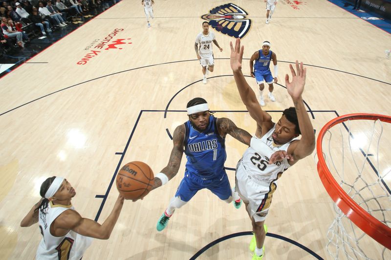 NEW ORLEANS, LA - JANUARY 15:  Jaden Hardy #1 of the Dallas Mavericks drives to the basket during the game against the New Orleans Pelicans on January 15, 2025 at the Smoothie King Center in New Orleans, Louisiana. NOTE TO USER: User expressly acknowledges and agrees that, by downloading and or using this Photograph, user is consenting to the terms and conditions of the Getty Images License Agreement. Mandatory Copyright Notice: Copyright 2025 NBAE (Photo by Layne Murdoch Jr./NBAE via Getty Images)