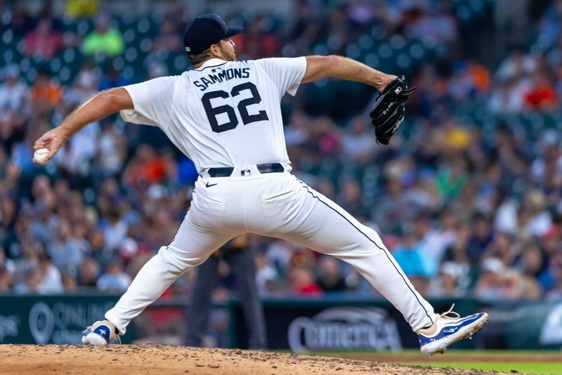 Jul 29, 2024; Detroit, Michigan, USA; Detroit Tigers pitcher Bryan Sammons (62) delivers in the eighth inning against the Cleveland Guardians at Comerica Park. Mandatory Credit: David Reginek-USA TODAY Sports