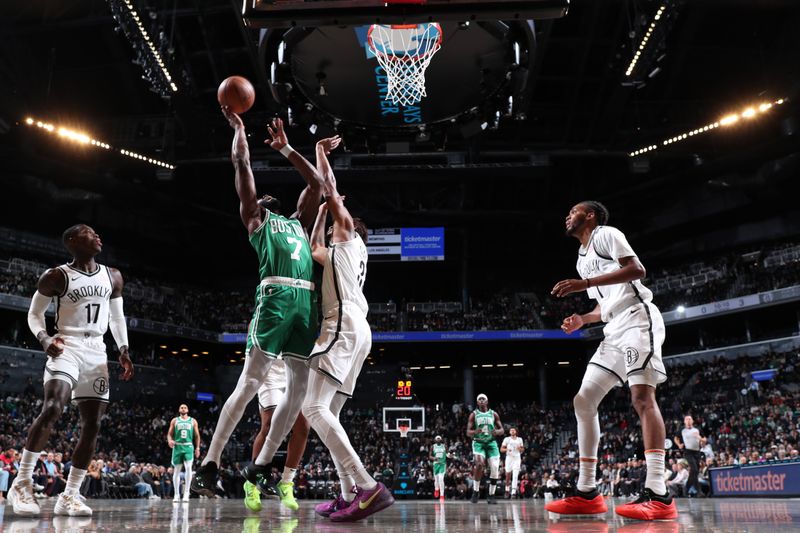 BROOKLYN, NY - NOVEMBER 13: Jaylen Brown #7 of the Boston Celtics shoots the ball during the game against the Brooklyn Nets on November 13, 2024 at Barclays Center in Brooklyn, New York. NOTE TO USER: User expressly acknowledges and agrees that, by downloading and or using this Photograph, user is consenting to the terms and conditions of the Getty Images License Agreement. Mandatory Copyright Notice: Copyright 2024 NBAE (Photo by Jeff Haynes/NBAE via Getty Images)