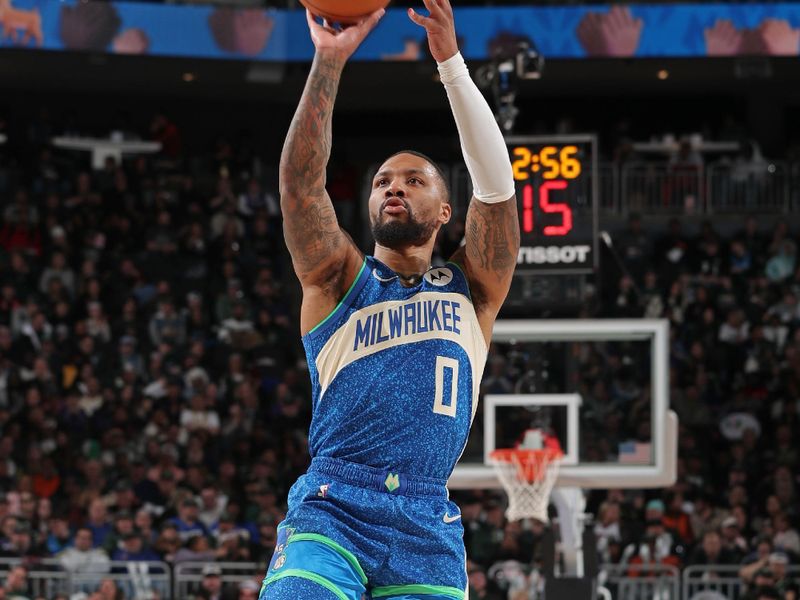 MILWAUKEE, WI - FEBRUARY 12: Damian Lillard #0 of the Milwaukee Bucks shoots the ball during the game against the Denver Nuggets on February 12, 2024 at the Fiserv Forum Center in Milwaukee, Wisconsin. NOTE TO USER: User expressly acknowledges and agrees that, by downloading and or using this Photograph, user is consenting to the terms and conditions of the Getty Images License Agreement. Mandatory Copyright Notice: Copyright 2024 NBAE (Photo by Gary Dineen/NBAE via Getty Images).