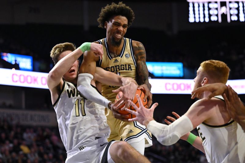 Feb 11, 2023; Winston-Salem, North Carolina, USA; Georgia Tech Yellow Jackets forward Javon Franklin (4) battles for the ball against Wake Forest Demon Deacons forward Andrew Carr (11) during the second half at Lawrence Joel Veterans Memorial Coliseum. Mandatory Credit: William Howard-USA TODAY Sports