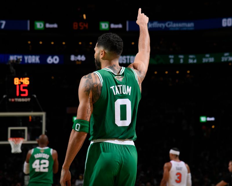 BOSTON, MA - OCTOBER 22: Jayson Tatum #0 of the Boston Celtics looks on during the game against the New York Knicks on October 22, 2024 at TD Garden in Boston, Massachusetts. NOTE TO USER: User expressly acknowledges and agrees that, by downloading and/or using this Photograph, user is consenting to the terms and conditions of the Getty Images License Agreement. Mandatory Copyright Notice: Copyright 2024 NBAE (Photo by Brian Babineau/NBAE via Getty Images)