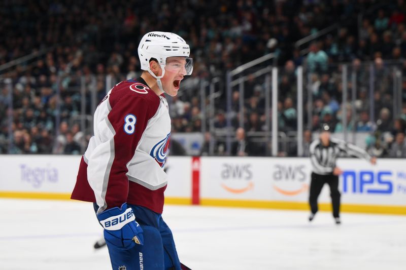 Nov 13, 2023; Seattle, Washington, USA; Colorado Avalanche defenseman Cale Makar (8) reacts to scoring a goal against the Seattle Kraken during the third period at Climate Pledge Arena. Mandatory Credit: Steven Bisig-USA TODAY Sports