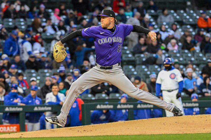 Apr 2, 2024; Chicago, Illinois, USA; Colorado Rockies starting pitcher Kyle Freeland (21) delivers against then Chicago Cubs during the first inning at Wrigley Field. Mandatory Credit: Matt Marton-USA TODAY Sports