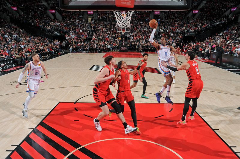 PORTLAND, OR - JANUARY 26: Jalen Williams #8 of the Oklahoma City Thunder shoots the ball during the game against the Portland Trail Blazers on January 26, 2025 at the Moda Center Arena in Portland, Oregon. NOTE TO USER: User expressly acknowledges and agrees that, by downloading and or using this photograph, user is consenting to the terms and conditions of the Getty Images License Agreement. Mandatory Copyright Notice: Copyright 2025 NBAE (Photo by Cameron Browne/NBAE via Getty Images)