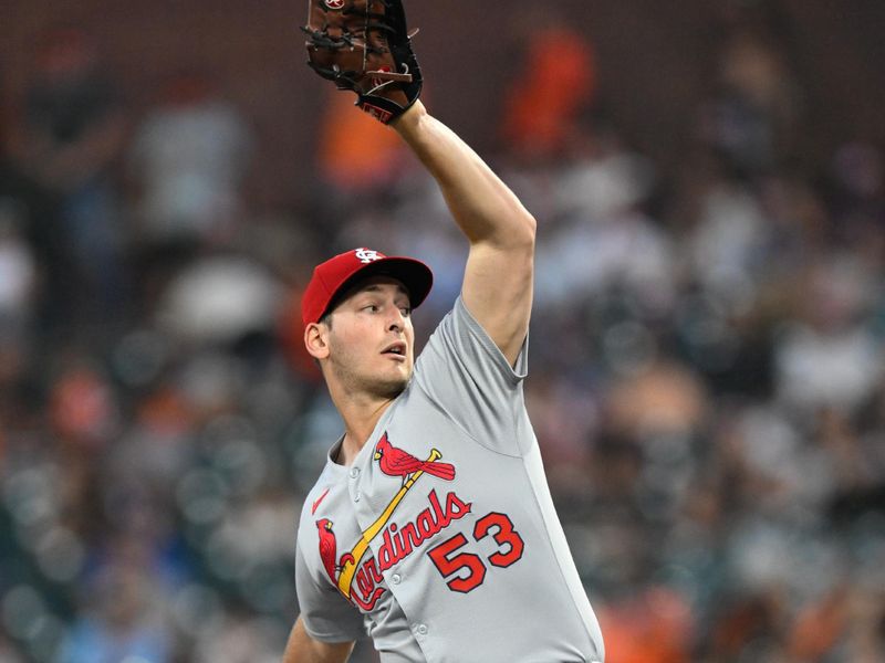 Sep 23, 2025; San Francisco, California, USA; St. Louis Cardinals starting pitcher Andre Pallante (53) throws against the San Francisco Giants during the first inning at Oracle Park. Mandatory Credit: Eakin Howard-Imagn Images