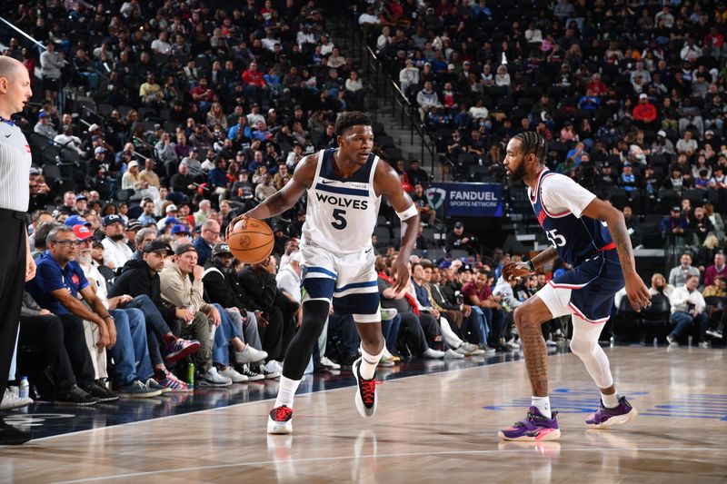 INGLEWOOD, CA - DECEMBER 4:  Anthony Edwards #5 of the Minnesota Timberwolves dribbles the ball during the game against the LA Clippers during a regular season game on December 4, 2024 at Intuit Dome in Los Angeles, California. NOTE TO USER: User expressly acknowledges and agrees that, by downloading and/or using this Photograph, user is consenting to the terms and conditions of the Getty Images License Agreement. Mandatory Copyright Notice: Copyright 2024 NBAE (Photo by Juan Ocampo/NBAE via Getty Images)