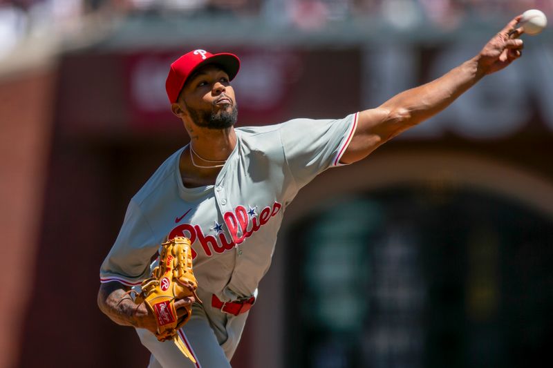 May 29, 2024; San Francisco, California, USA; Philadelphia Phillies starting pitcher Cristopher Sánchez (61) delivers a pitch against the San Francisco Giants during the sixth inning at Oracle Park. Mandatory Credit: D. Ross Cameron-USA TODAY Sports