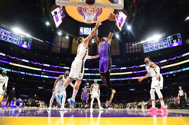 LOS ANGELES, CA - MARCH 8: Rui Hachimura #28 of the Los Angeles Lakers shoots the ball during the game against the Milwaukee Bucks on March 8, 2024 at Crypto.Com Arena in Los Angeles, California. NOTE TO USER: User expressly acknowledges and agrees that, by downloading and/or using this Photograph, user is consenting to the terms and conditions of the Getty Images License Agreement. Mandatory Copyright Notice: Copyright 2024 NBAE (Photo by Adam Pantozzi/NBAE via Getty Images)