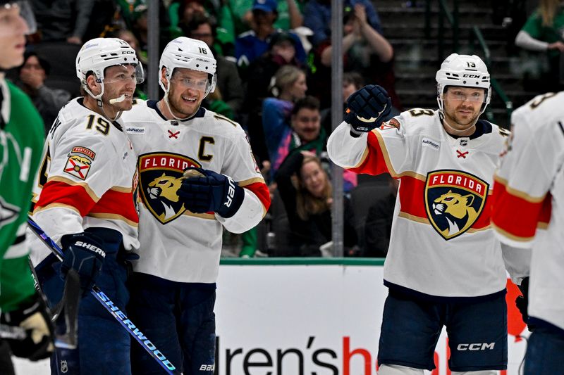 Mar 12, 2024; Dallas, Texas, USA; Florida Panthers left wing Matthew Tkachuk (19) and center Aleksander Barkov (16) and center Sam Reinhart (13) after Barkov scores the game winning goal against the Dallas Stars during the third period at the American Airlines Center. Mandatory Credit: Jerome Miron-USA TODAY Sports