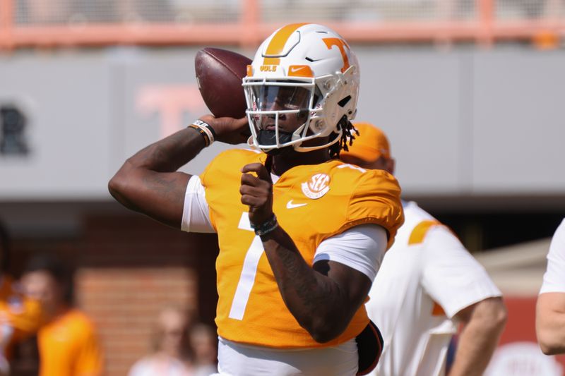 Sep 11, 2021; Knoxville, Tennessee, USA; Tennessee Volunteers quarterback Joe Milton III (7) warms up before the game against the Pittsburgh Panthers at Neyland Stadium. Mandatory Credit: Randy Sartin-USA TODAY Sports