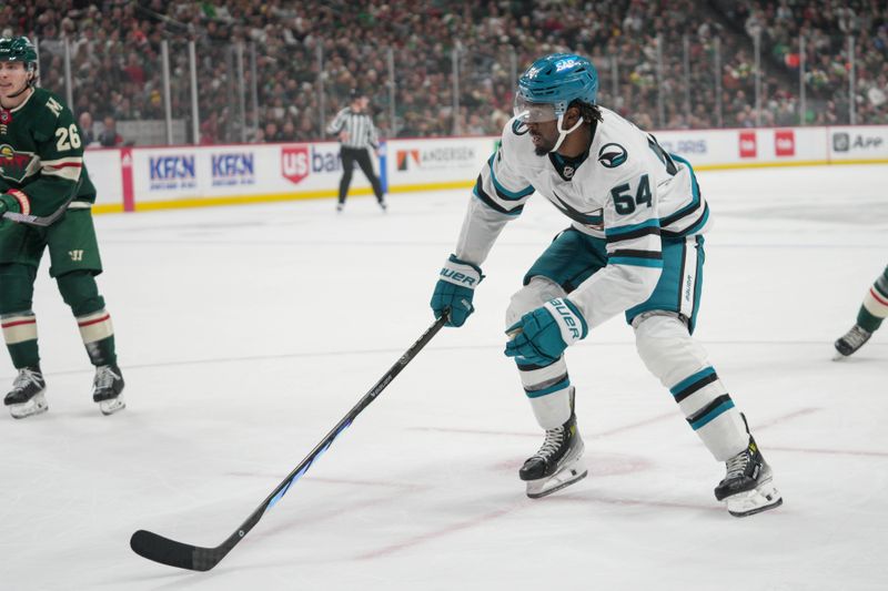 Mar 3, 2024; Saint Paul, Minnesota, USA; San Jose Sharks right wing Givani Smith (54) in action against the Minnesota Wild in the first period at Xcel Energy Center. Mandatory Credit: Matt Blewett-USA TODAY Sports