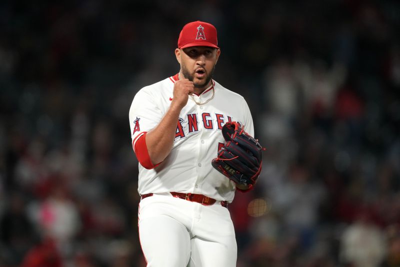 Jun 3, 2024; Anaheim, California, USA; Los Angeles Angels pitcher Carlos Estévez (53) celebrates after the game against the San Diego Padres at Angel Stadium. Mandatory Credit: Kirby Lee-USA TODAY Sports