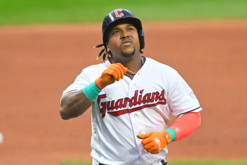 Jun 8, 2023; Cleveland, Ohio, USA; Cleveland Guardians third baseman Jose Ramirez (11) celebrates his solo home run in the first inning against the Boston Red Sox at Progressive Field. Mandatory Credit: David Richard-USA TODAY Sports