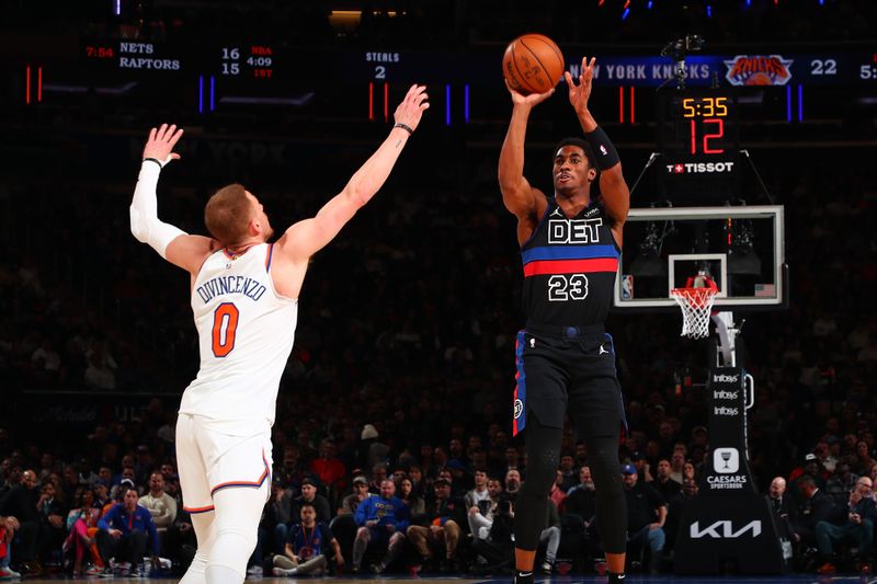 NEW YORK, NY - MARCH 25:  Jaden Ivey #23 of the Detroit Pistons shoots the ball during the game against the New York Knicks on March 25, 2024 at Madison Square Garden in New York City, New York.  NOTE TO USER: User expressly acknowledges and agrees that, by downloading and or using this photograph, User is consenting to the terms and conditions of the Getty Images License Agreement. Mandatory Copyright Notice: Copyright 2024 NBAE  (Photo by David L. Nemec /NBAE via Getty Images)