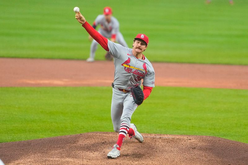 May 28, 2025; Baltimore, Maryland, USA; St. Louis Cardinals pitcher Miles Mikolas (39) delivers a pitch against the Baltimore Orioles during the first inning at Oriole Park at Camden Yards. Mandatory Credit: Gregory Fisher-Imagn Images