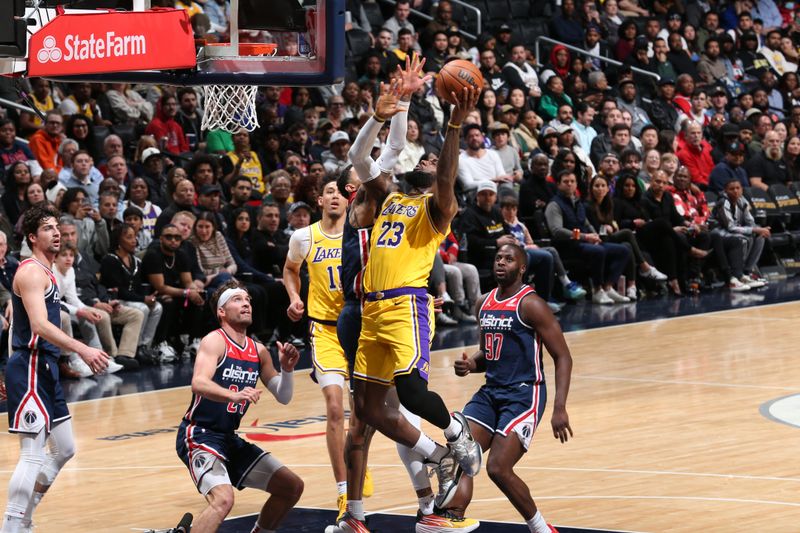 WASHINGTON, DC -? APRIL 3: LeBron James #23 of the Los Angeles Lakers shoots the ball during the game against the Washington Wizards on April 3, 2024 at Capital One Arena in Washington, DC. NOTE TO USER: User expressly acknowledges and agrees that, by downloading and or using this Photograph, user is consenting to the terms and conditions of the Getty Images License Agreement. Mandatory Copyright Notice: Copyright 2024 NBAE (Photo by Stephen Gosling/NBAE via Getty Images)