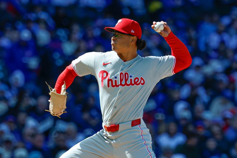 Apr 26, 2025; Chicago, Illinois, USA; Philadelphia Phillies starting pitcher Jesús Luzardo (44) delivers a pitch against the Chicago Cubs during the first inning at Wrigley Field. Mandatory Credit: Kamil Krzaczynski-Imagn Images