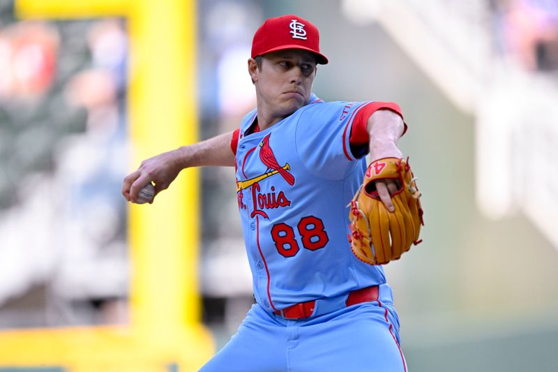 May 31, 2025; Arlington, Texas, USA; St. Louis Cardinals relief pitcher Phil Maton (88) pitches against the Texas Rangers during the eighth inning at Globe Life Field. Mandatory Credit: Jerome Miron-Imagn Images