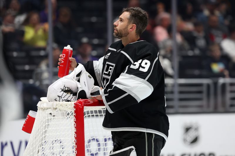 Nov 11, 2023; Los Angeles, California, USA;  Los Angeles Kings goaltender Cam Talbot (39) looks on before the game against the Philadelphia Flyers at Crypto.com Arena. Mandatory Credit: Kiyoshi Mio-USA TODAY Sports