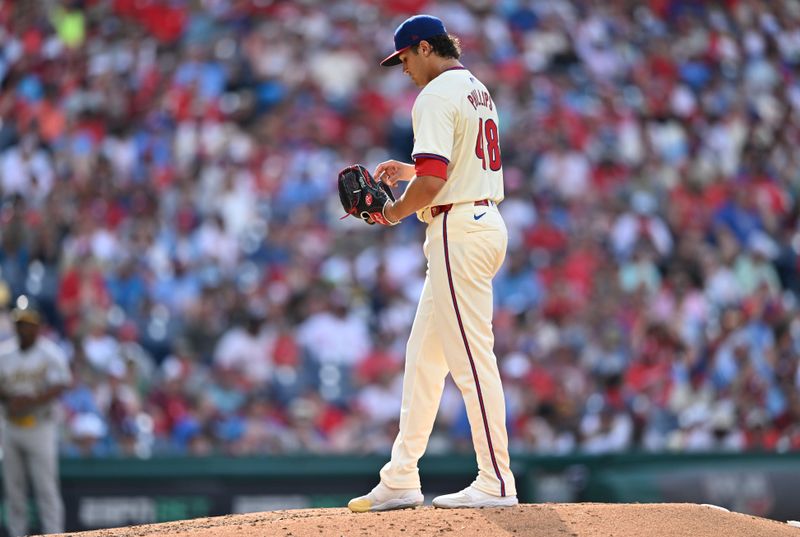 Jul 13, 2024; Philadelphia, Pennsylvania, USA; Philadelphia Phillies starting pitcher Tyler Phillips (48) stands on the mound against the Oakland Athletics in the sixth inning at Citizens Bank Park. Mandatory Credit: Kyle Ross-USA TODAY Sports