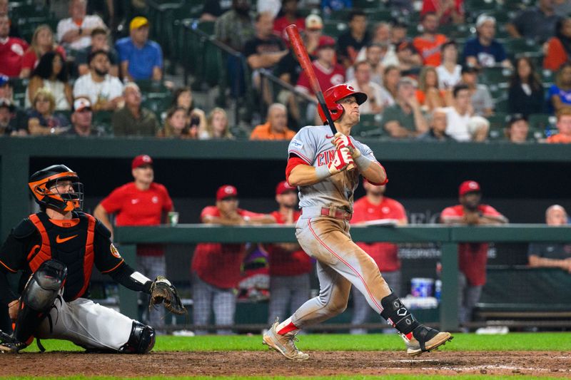 Jun 28, 2023; Baltimore, Maryland, USA; Cincinnati Reds center fielder TJ Friedl (29) hits a home run during the tenth inning against the Baltimore Orioles at Oriole Park at Camden Yards. Mandatory Credit: Reggie Hildred-USA TODAY Sports