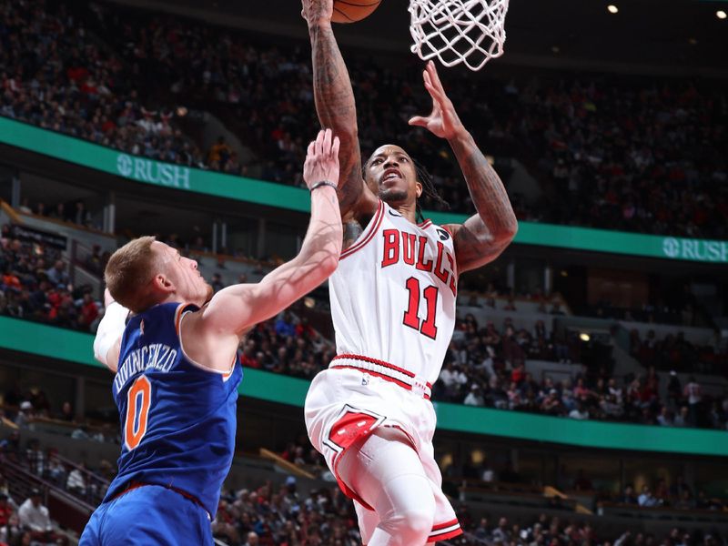 CHICAGO, IL - APRIL 9: DeMar DeRozan #11 of the Chicago Bulls drives to the basket during the game against the New York Knicks on April 9, 2024 at United Center in Chicago, Illinois. NOTE TO USER: User expressly acknowledges and agrees that, by downloading and or using this photograph, User is consenting to the terms and conditions of the Getty Images License Agreement. Mandatory Copyright Notice: Copyright 2024 NBAE (Photo by Jeff Haynes/NBAE via Getty Images)