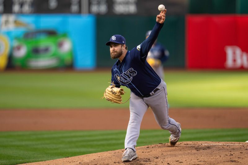 Jun 13, 2023; Oakland, California, USA; Tampa Bay Rays relief pitcher Jalen Beeks (68) delivers a pitch against the Oakland Athletics during the first inning at Oakland-Alameda County Coliseum. Mandatory Credit: Neville E. Guard-USA TODAY Sports