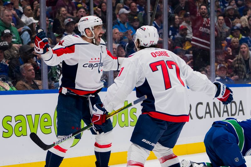 Mar 16, 2024; Vancouver, British Columbia, CAN; Washington Capitals forward Alex Ovechkin (8) and forward TJ Oshie (77) celebrate Ovechkin’s goal against the Vancouver Canucks in the second period at Rogers Arena. Mandatory Credit: Bob Frid-USA TODAY Sports