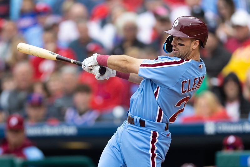 Apr 27, 2023; Philadelphia, Pennsylvania, USA; Philadelphia Phillies first baseman Kody Clemens (23) hits an RBI double during the second inning against the Seattle Mariners at Citizens Bank Park. Mandatory Credit: Bill Streicher-USA TODAY Sports