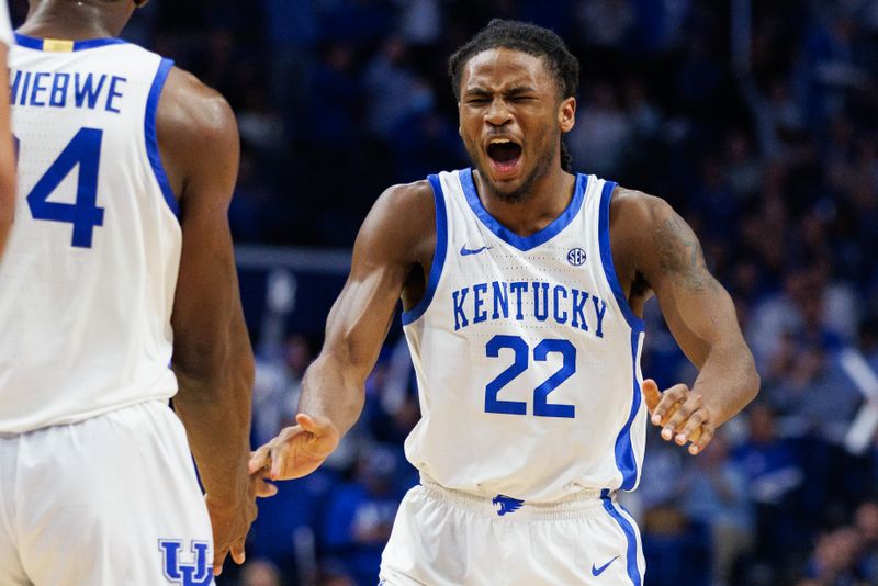 Jan 17, 2023; Lexington, Kentucky, USA; Kentucky Wildcats guard Cason Wallace (22) celebrates during the second half against the Georgia Bulldogs at Rupp Arena at Central Bank Center. Mandatory Credit: Jordan Prather-USA TODAY Sports