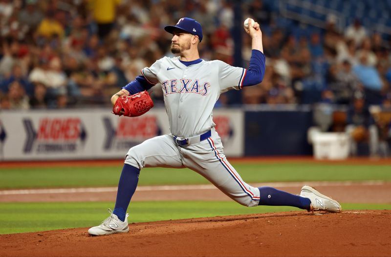 Apr 2, 2024; St. Petersburg, Florida, USA; Tampa Bay Rays starting pitcher Ryan Pepiot (44) throws a pitch during the second inning against the Texas Rangers at Tropicana Field. Mandatory Credit: Kim Klement Neitzel-USA TODAY Sports