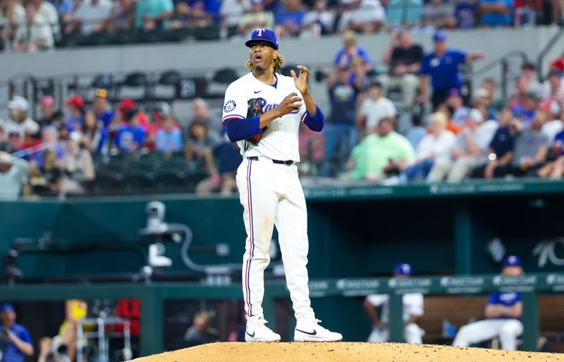 Jun 5, 2024; Arlington, Texas, USA;  Texas Rangers pitcher José Urena (54) reacts after giving up a home run during the sixth inning against the Detroit Tigers at Globe Life Field. Mandatory Credit: Kevin Jairaj-USA TODAY Sports