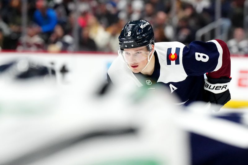 Apr 7, 2024; Denver, Colorado, USA; Colorado Avalanche defenseman Cale Makar (8) during the second period against the Dallas Stars at Ball Arena. Mandatory Credit: Ron Chenoy-USA TODAY Sports