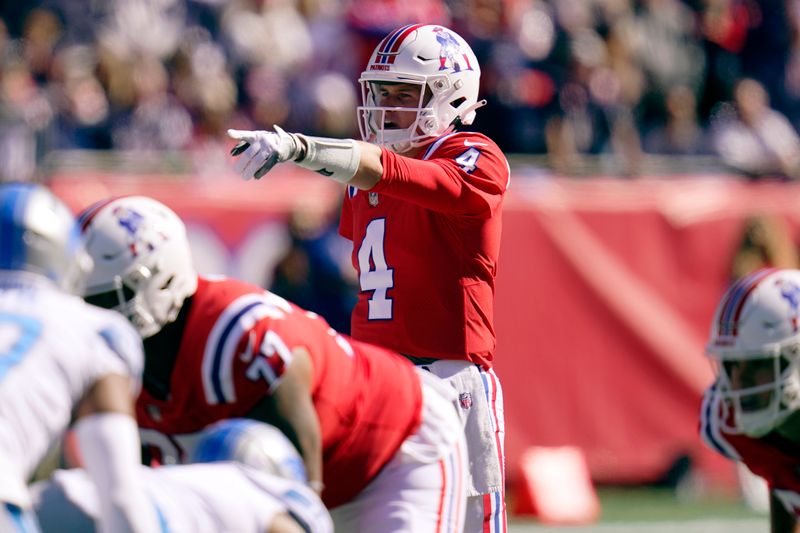 New England Patriots quarterback Bailey Zappe during an NFL football game, Sunday, Oct. 9, 2022, in Foxborough, Mass. (AP Photo/Charles Krupa)