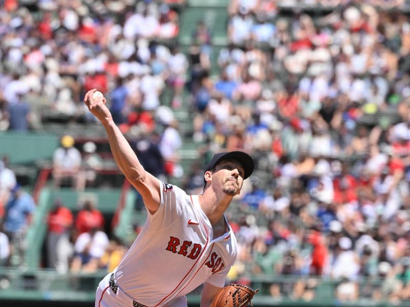 Jun 29, 2025; Boston, Massachusetts, USA; Boston Red Sox starting pitcher Walker Buehler (0) pitches against the Toronto Blue Jays during the first inning at Fenway Park. Mandatory Credit: Eric Canha-Imagn Images