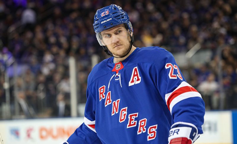 Jan 18, 2025; New York, New York, USA; New York Rangers defenseman Adam Fox (23) skates against the Columbus Blue Jackets during the first period at Madison Square Garden. Mandatory Credit: Danny Wild-Imagn Images