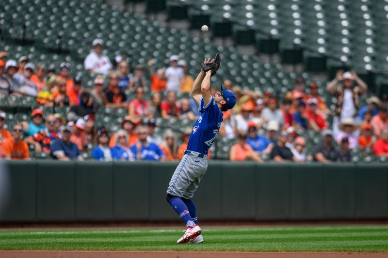 Jul 31, 2024; Baltimore, Maryland, USA; Toronto Blue Jays third baseman Ernie Clement (28) catches a fly ball against the Baltimore Orioles during the second inning at Oriole Park at Camden Yards. Mandatory Credit: Reggie Hildred-USA TODAY Sports