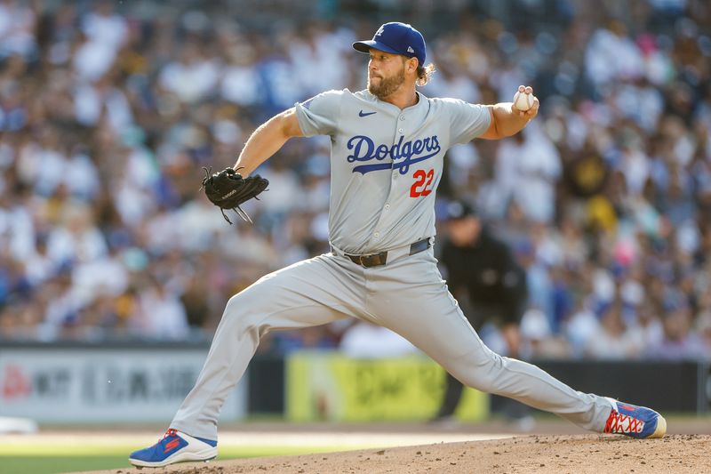 Jul 31, 2024; San Diego, California, USA; Los Angeles Dodgers starting pitcher Clayton Kershaw (22) pitches during the first inning against the San Diego Padres at Petco Park. Mandatory Credit: David Frerker-USA TODAY Sports