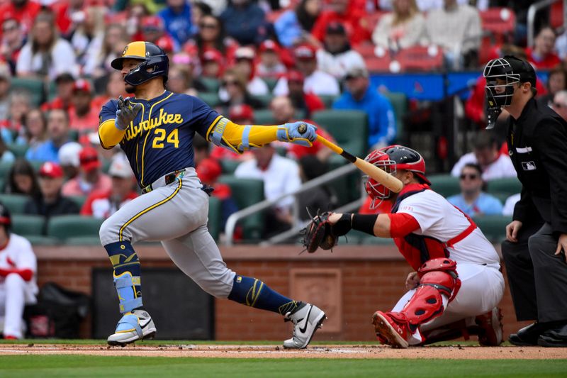 Apr 27, 2025; St. Louis, Missouri, USA;  Milwaukee Brewers catcher William Contreras (24) hits a one run single against the St. Louis Cardinals during the first inning at Busch Stadium. Mandatory Credit: Jeff Curry-Imagn Images