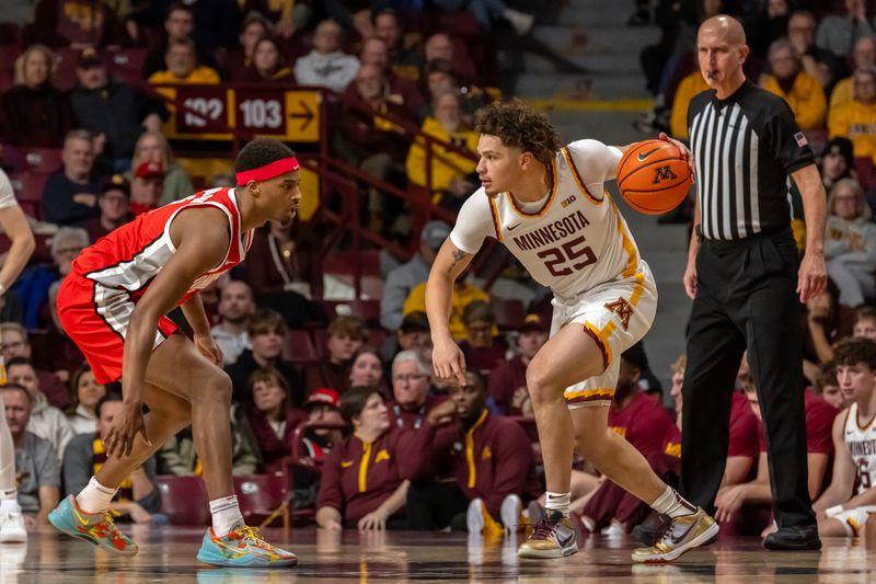 Jan 6, 2025; Minneapolis, Minnesota, USA;  Minnesota Golden Gophers guard Lu'Cye Patterson (25) controls the ball as Ohio State Buckeyes guard Micah Parrish (8) defends during the second half at Williams Arena. Mandatory Credit: Nick Wosika-Imagn Images