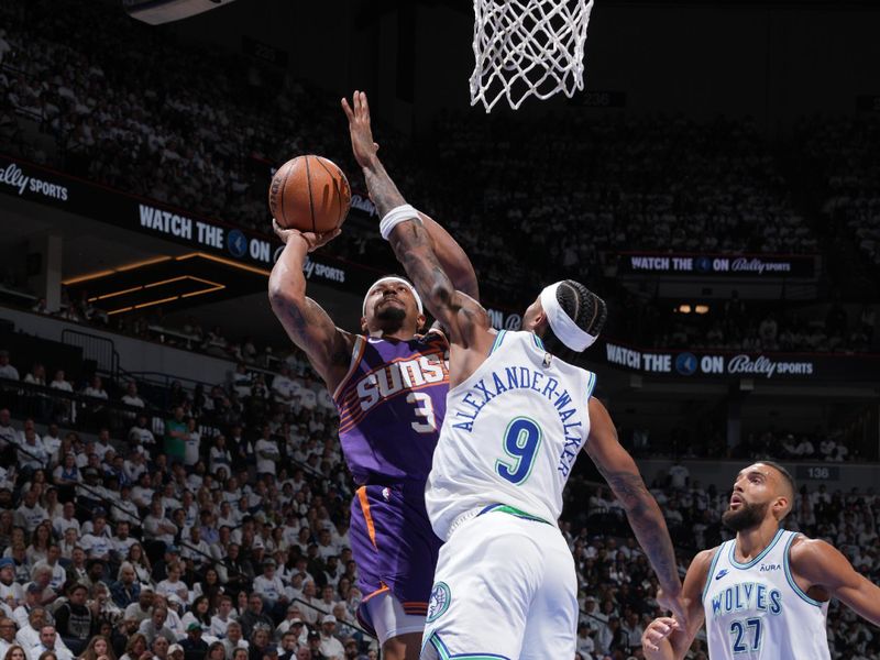 MINNEAPOLIS, MN -  APRIL 20: Bradley Beal #3 of the Phoenix Suns shoots the ball during Round One Game One of the 2024 NBA Playoffs against the Minnesota Timberwolves on April 20, 2024 at Target Center in Minneapolis, Minnesota. NOTE TO USER: User expressly acknowledges and agrees that, by downloading and or using this Photograph, user is consenting to the terms and conditions of the Getty Images License Agreement. Mandatory Copyright Notice: Copyright 2024 NBAE (Photo by Jordan Johnson/NBAE via Getty Images)