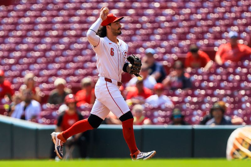 Aug 30, 2024; Cincinnati, Ohio, USA; Cincinnati Reds second baseman Jonathan India (6) throws to first to get Milwaukee Brewers outfielder Sal Frelick (not pictured) out in the third inning at Great American Ball Park. Mandatory Credit: Katie Stratman-USA TODAY Sports