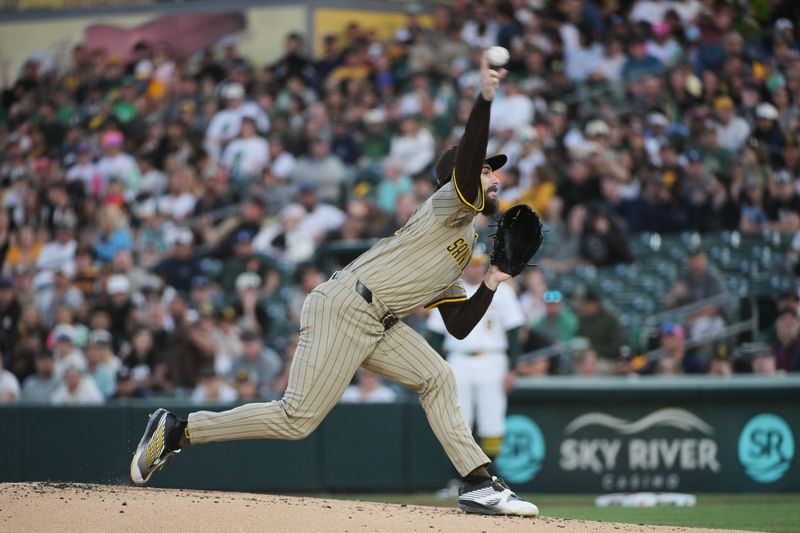 Apr 8, 2025; West Sacramento, California, USA; San Diego Padres pitcher Dylan Cease (84) throws a pitch against the Athletics during the first inning at Sutter Health Park. Mandatory Credit: Ed Szczepanski-Imagn Images