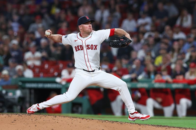 Jun 11, 2024; Boston, Massachusetts, USA; Boston Red Sox relief pitcher Chase Anderson (48) delivers a pitch during the ninth inning against the Philadelphia Phillies at Fenway Park. Mandatory Credit: Paul Rutherford-USA TODAY Sports